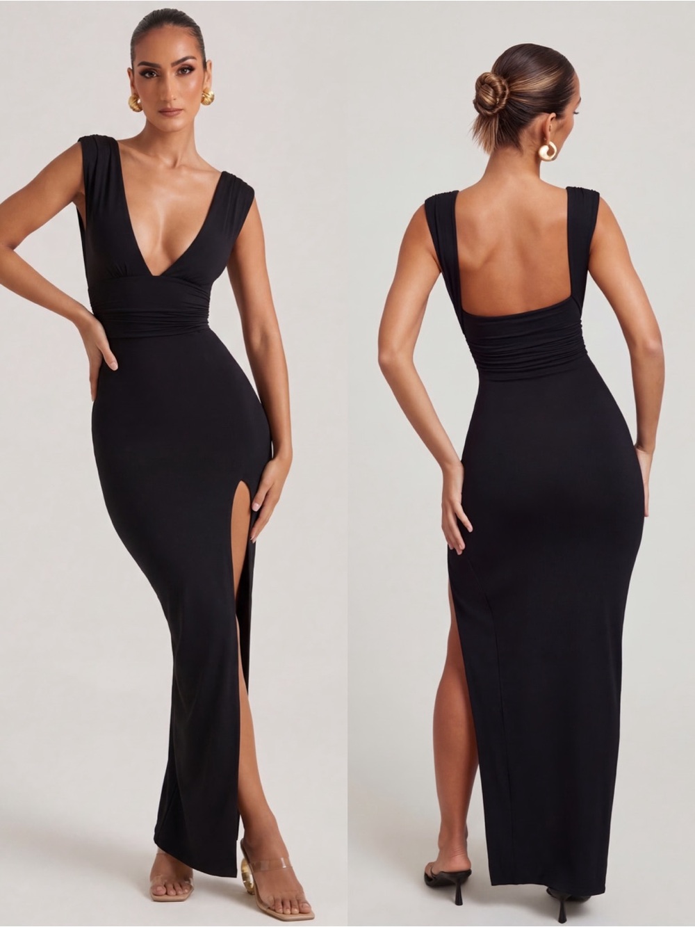 NWT Oh Polly Sloane High Split Plunge Neck Maxi Dress Black Size 2